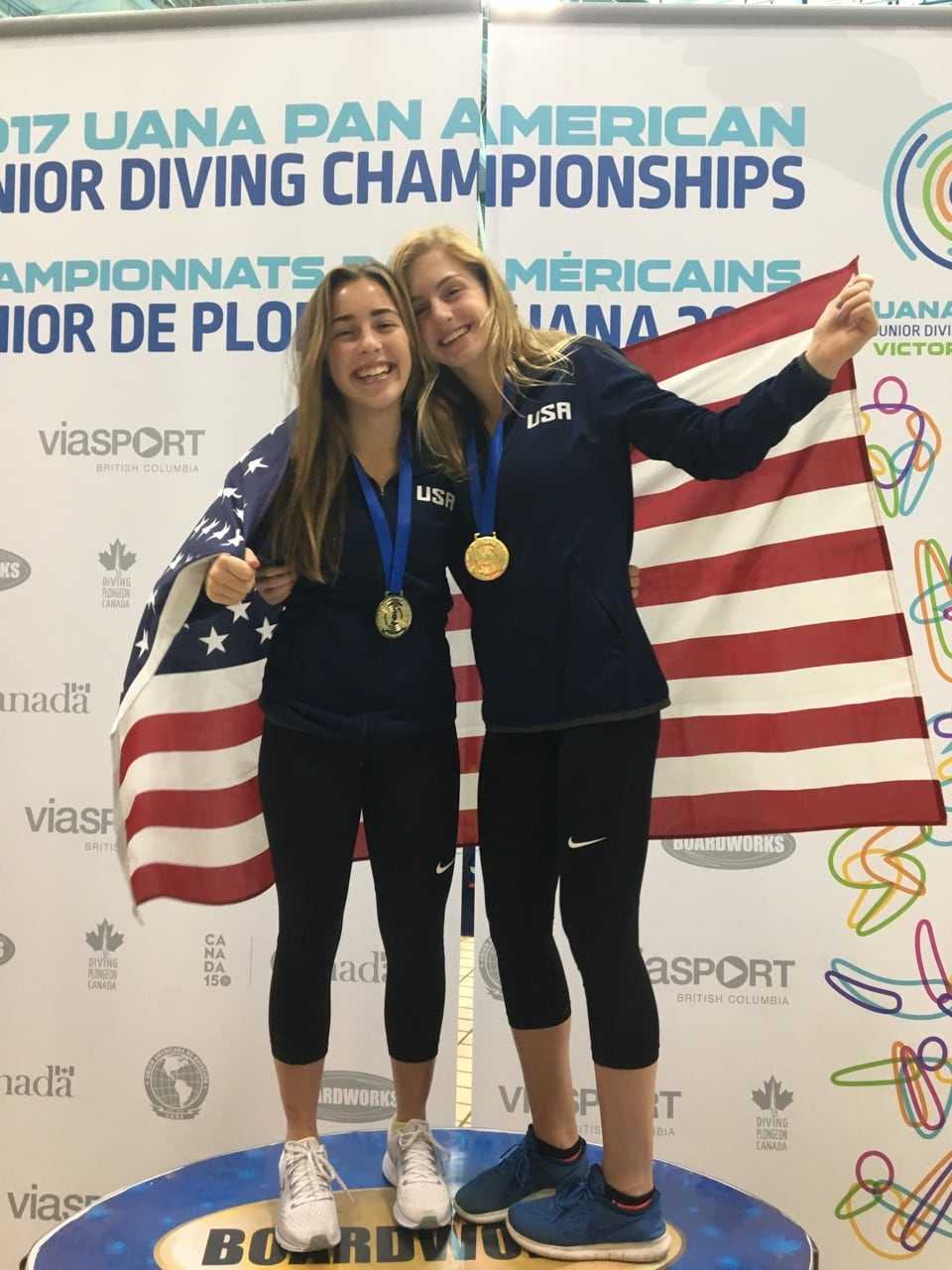 Greenwich YMCA Marlins Diver Caroline Sculti (L) and synchro partner Anne Fowler (R) wins gold at 2017 Junior Pan American Games in Victoria, British Columbia.