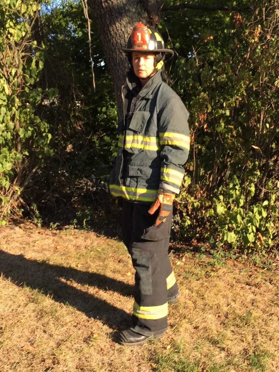 Larchmont resident Robin Nesdale in all her gear. She is a volunteer with the Town of Mamaroneck Fire Department.