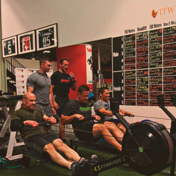 Mike Mueller of the Bergen County Regional SWAT Team pictured here on middle rower. On left rower is Frank Saraceni formerly of River Vale PD, and standing back left is Brendan Brown of the West Point powerlifting team, and to his right is Rich Sadiv