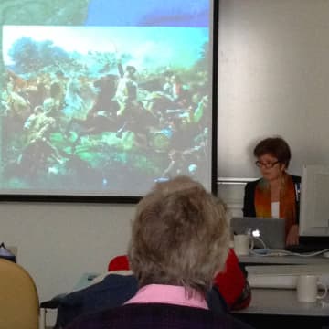 Kathleen Tesluk gives a talk on the Revolutionary War.