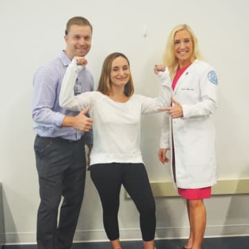 Dr. Joey Papa is recovering from arthroscopic ACL repair with the help of HSS sports medicine surgeon Dr. Karen Sutton and Justin Clark, site manager of HSS Sports Rehab at Chelsea Piers Connecticut.