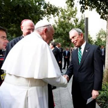 Former New York City Mayor Mike Bloomberg, who owns a residence in North Salem, meets Pope Francis at the 9/11 Memorial on Friday.