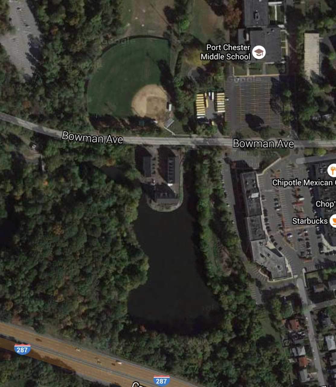 The Bowman Avenue Dam is located just off I-287 in Rye.