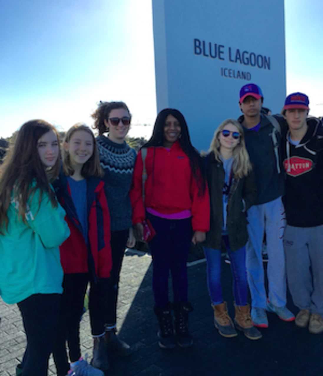 New Canaan Country School students, from left, Roan Scanlon-Black, Wilton; Holly Diomede, Norwalk; Lucy Carroll, Nyack, N.Y.; Daltanette Mitchell, Stamford; Meghan Musto, New Canaan; Chris Zegarra, Norwalk; and Grady Norton of Stamford In Iceland.