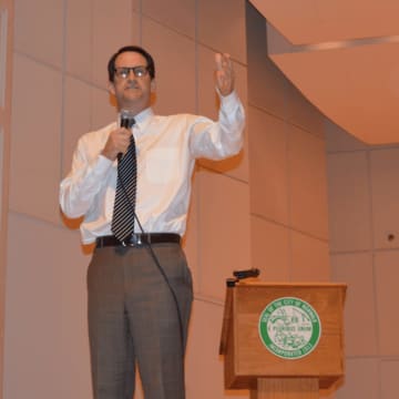 <p>U.S. Rep. Jim Himes at a town hall meeting with voters last week in Norwalk.</p>