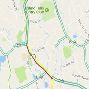 Traffic is jammed in both directions on Route 7 at the Norwalk-Wilton border.