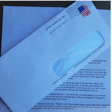 A look at the blackmail scam letter and the envelope it arrived in, provided to Daily Voice by a New Canaan resident who received it.