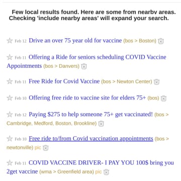 Craigslist ads from Feb. 12 seeking seniors to give rides to get vaccinated. The driver could then get the vaccine ahead of schedule through Massachusetts companion clause.