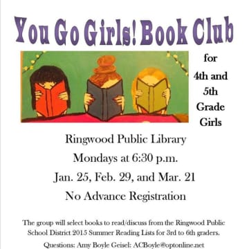 You Go Girls! Book Club will meet at the Ringwood Pubic Library on Monday, March 21 at 6:30 p.m.
