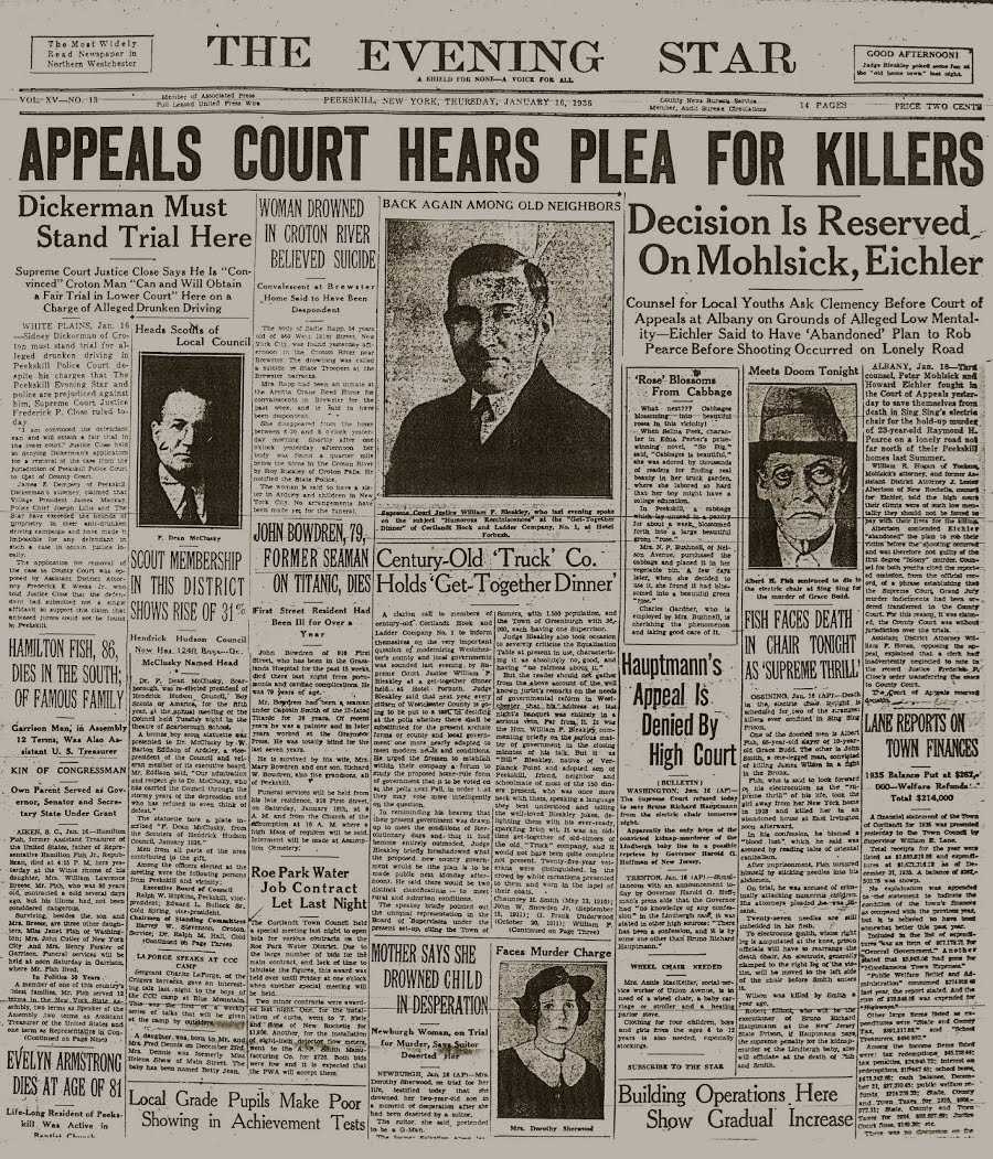 The front page of the Peekskill Evening Star featuring gthe two Hamilton Fishes. The congressman Fish is on the left while the serial killer Fish is on the right.