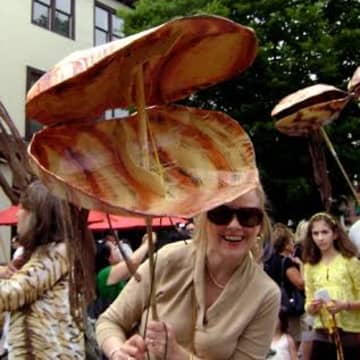 Karen Benvin Ransom was a "mussel" as she marched for the Katonah Museum of Art in a parade in Bedford. The costume was made in conjunction with a museum exhibit at the time of the parade.
