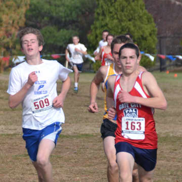 Wilton's Aaron Breene runs during Sunday's race in Long Island. He finished seventh and qualified to run in the Junior Olympic national championships.