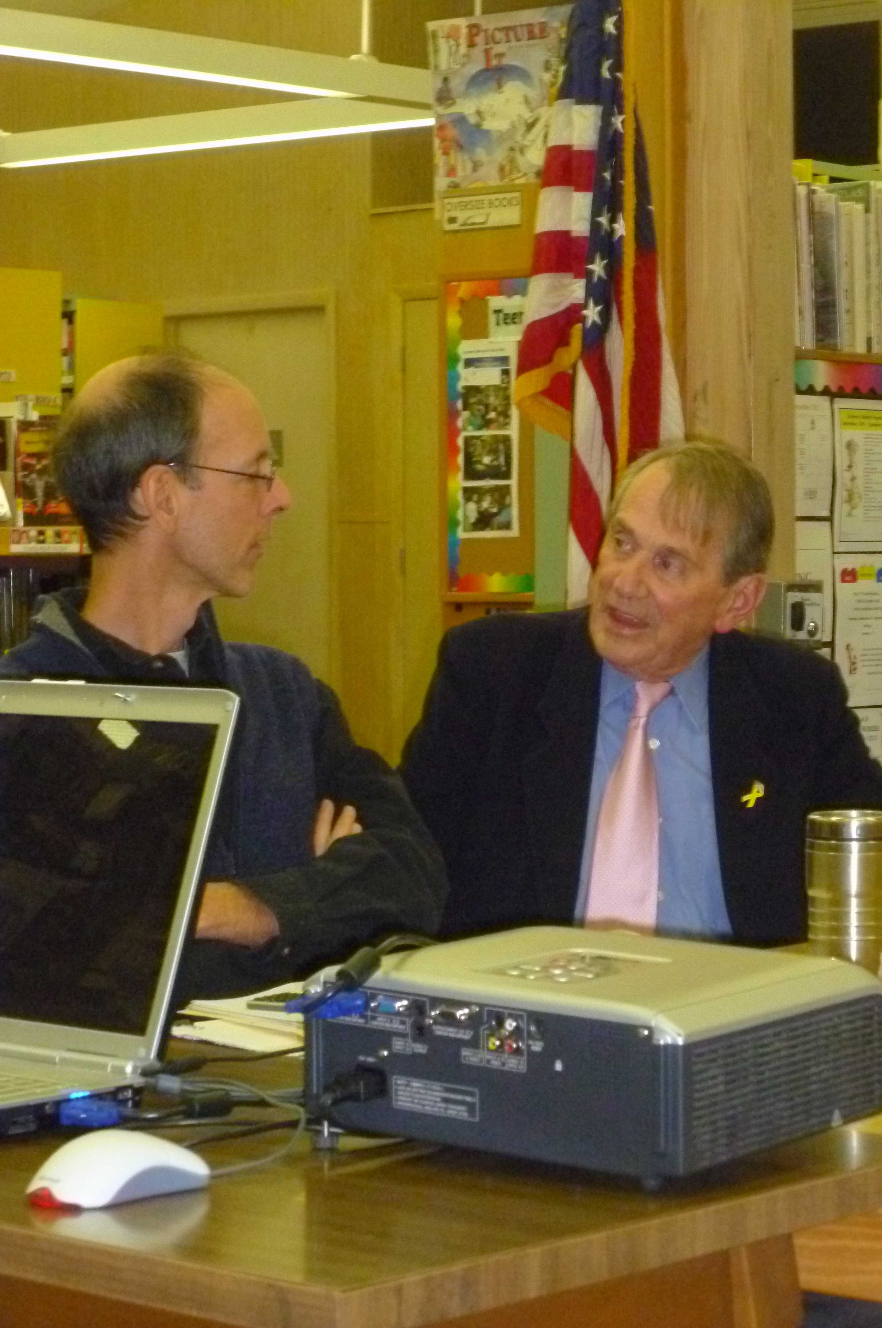 Lewisboro Town Board member Dan Welsh, left, and Supervisor Peter Parsons discuss the storm debris removal plan.
