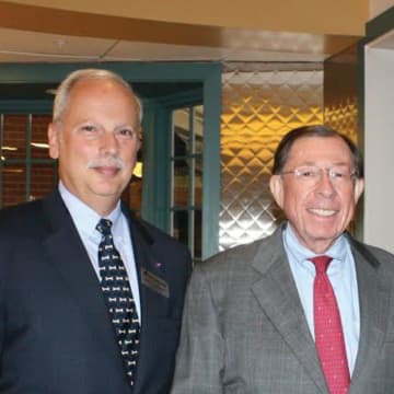 Honorees Harry T. Rein, left, and Reyno Giallongo, Jr., Chairman of the Board and CEO of First County Bank & President of First County Bank Foundation, attended a donor recognition reception for Waveny LifeCare Network. 