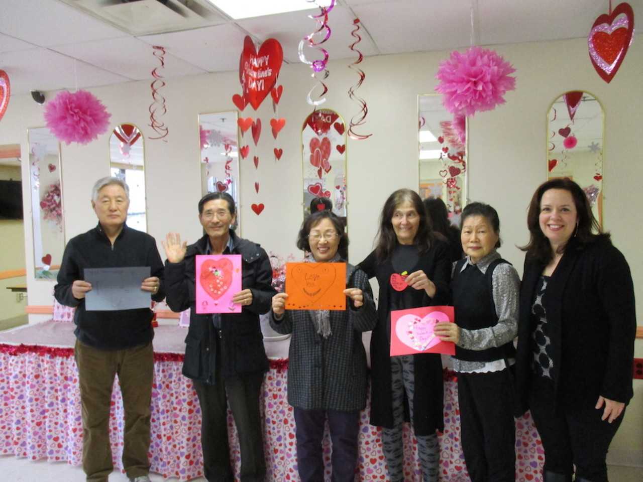 Senior Citizen's receive Valentines prepared by members of East Rutherford Library's Random Acts of Kindness Club.