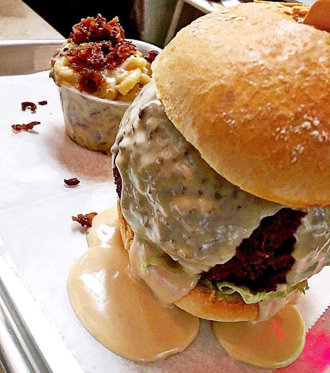 The stuffed truffle smoked gouda mac n' cheese ball burger at Callahan's in Norwood.