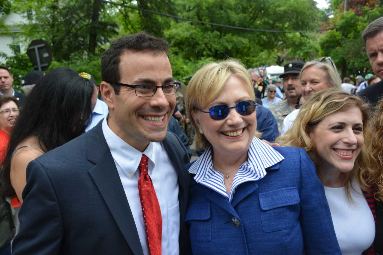 Hillary Clinton poses for photos with Rabbi Jonathan Jaffe, who is with Temple Beth El of Northern Westchester. The temple is located just down the road from where New Castle's annual Memorial Day parade started.