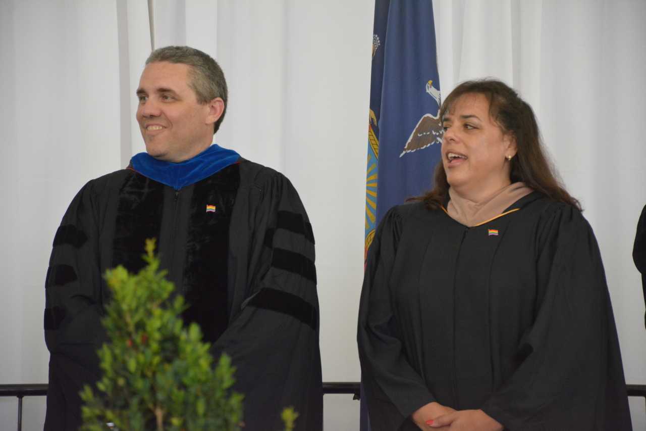Left to right: Somers Superintendent Raymond Blanch and school board President Sarena Meyer are among school district officials at the 2016 commencement