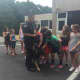 Viola Elementary School students pet one of Ramapo's K-9s during Thursday's demonstration at the school.