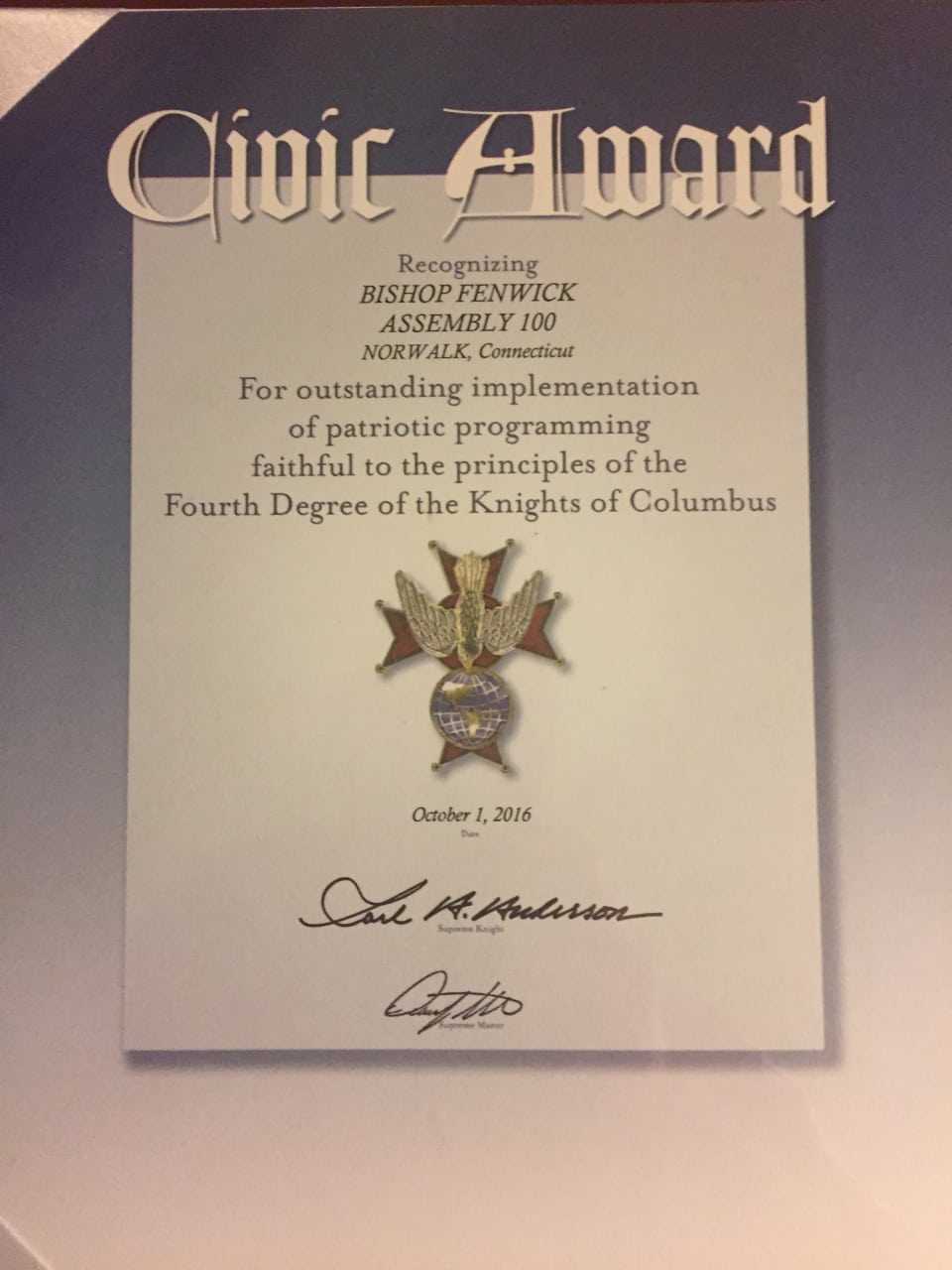 Knights of Columbus’ Bishop Fenwick Assembly #100 has been awarded the Supreme Council’s Civic Award.