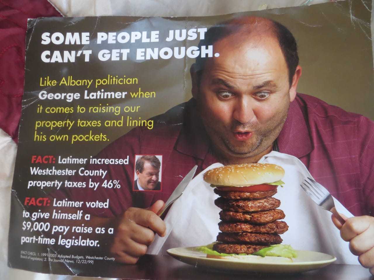 An example of a campaign mailing that rips state Sen. George Latimer, a Democrat from Rye, for supporting state tax increases.