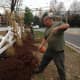 Upper Saddle River DPW employee Rob lays down the mulch at the intersection of Lake Street and W. Saddle River Road.