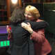 Republican Lynne Vanderslice, right, gets a victory hug from state Rep. Gail Lavielle, R-143, after Vanderslice's win in Wilton's First Selectman race.