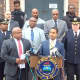 Mount Vernon Mayor Richard Thomas with members of the police force at the Tuesday press conference.