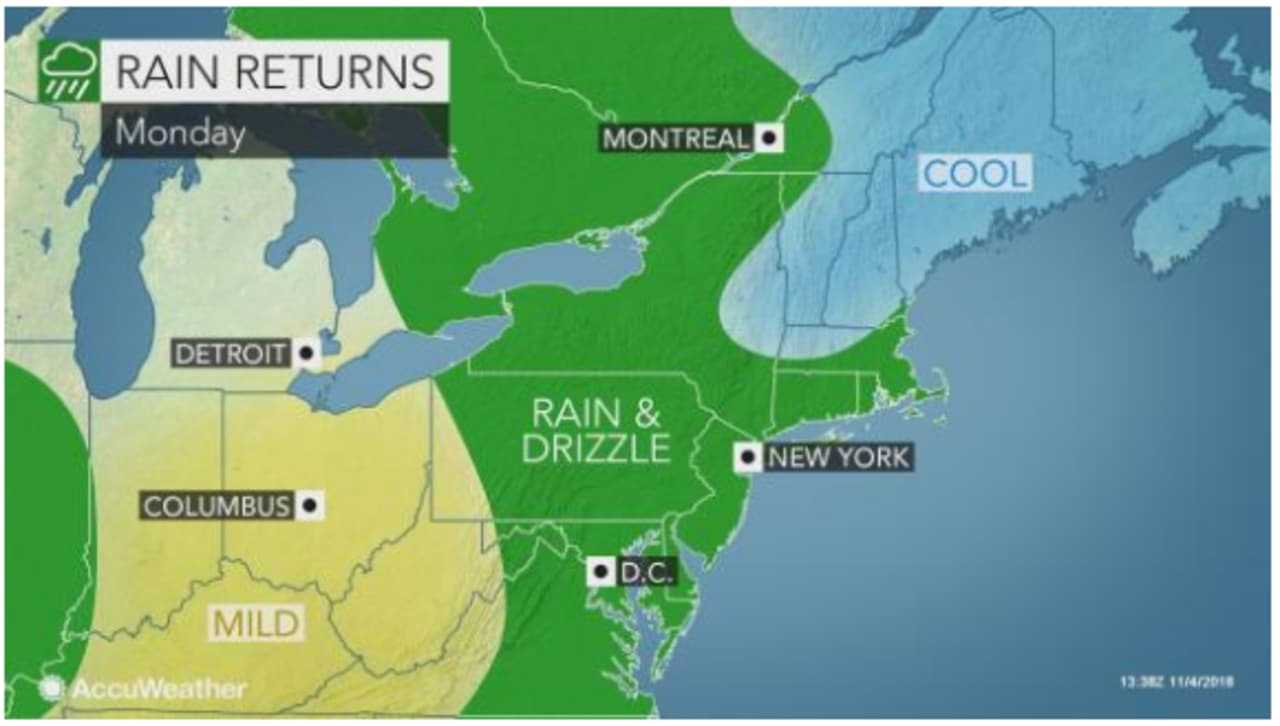 Rain will arrive around 9 a.m. Monday.