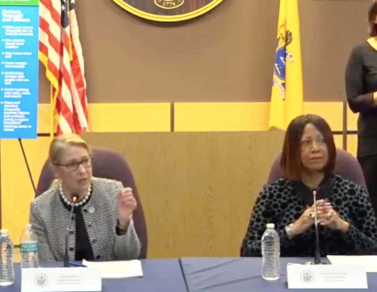 State Health Commissioner Judy Persichilli and Lt. Gov. Sheila Oliver at a coronavirus briefing at the New Jersey Regional Operations & Intelligence Center.