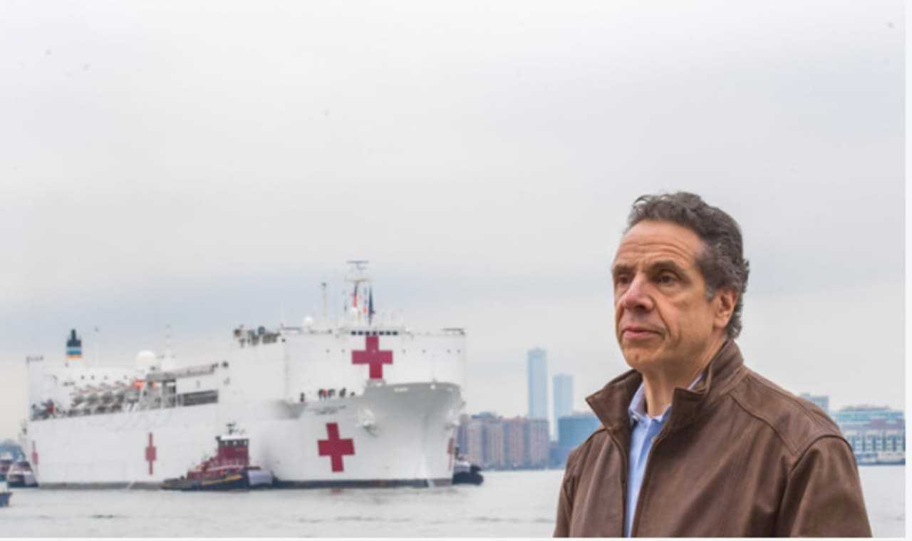 Gov. Andrew Cuomo at New York Harbor as the 1,000-bed US Navy Hospital Ship Comfort arrives late Monday morning, March 30 before docking at Pier 90.