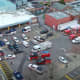An aerial view of the dozens of emergency vehicles parked outside Jersey Shore University Medical Center in Neptune City.