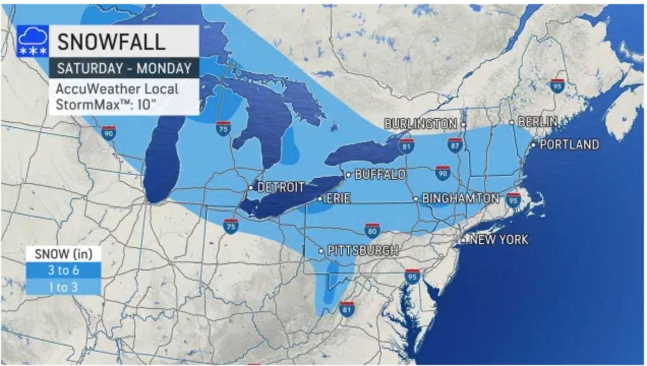 A look at a widespread area where 1 to 3 inches of snowfall accumulation (in light blue) is expected through Monday, Nov. 29, with some pockets of 3 to 6 inches predicted (darker blue).