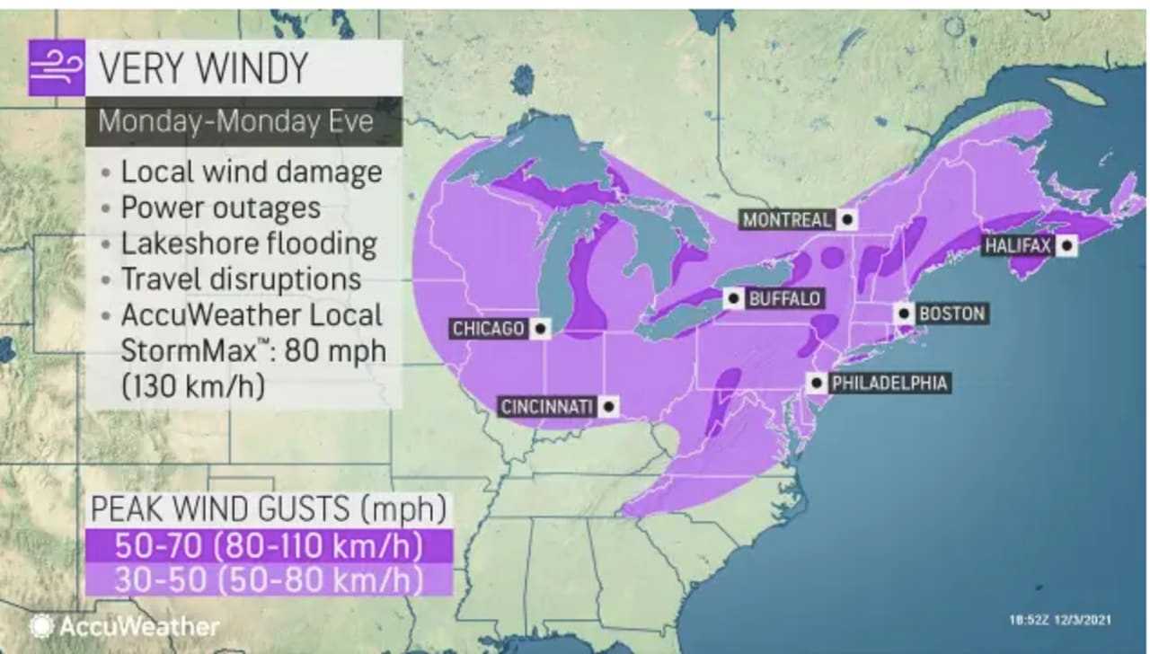 Most of the region will see 30 to 50 mph wind gusts on Monday, Dec. 5 (light purple) with 50 to 70 mph gusts in some spots (dark purple).