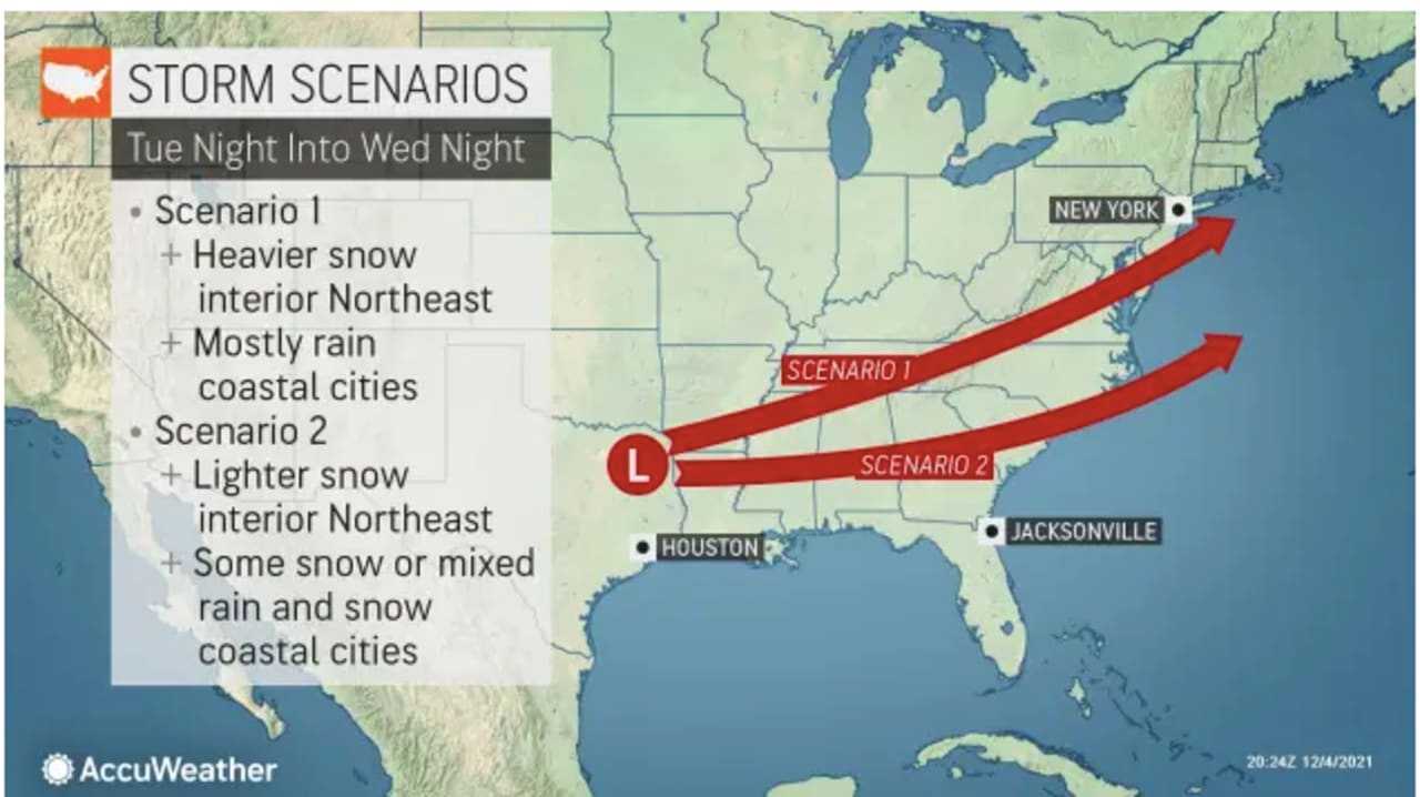 A look at the two possible tracks for a midweek storm that has the potential to bring significant snowfall to the region on Wednesday, Dec. 8.
