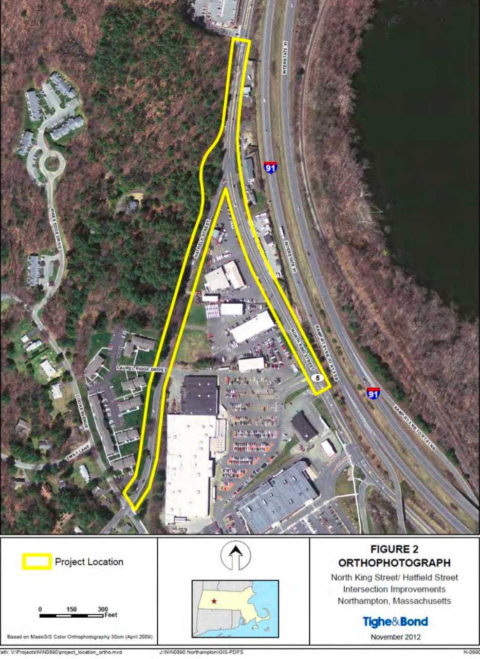 Aerial view of the intersection slated for reconstruction into a roundabout on Routes 5/10 in Northampton