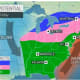 Mainly rain (shown in green) is expected in much of the region with a wintry mix possible farther inland (pink) and snow in some parts of northern New York and New England (blue).
