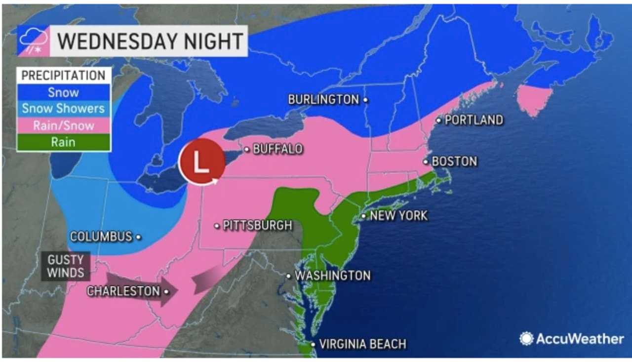A look at precipitation types from the storm, with areas in red expected to see mainly rain, areas in pink a mix of snow and rain, and areas in blue, mainly snow.
