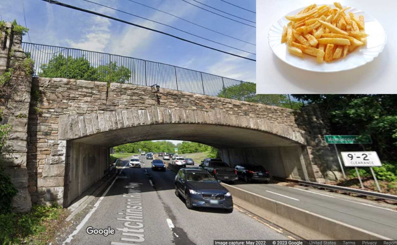 A truck carrying frozen French fries hit the Mamaroneck Road bridge on the Hutchinson River Parkway in Scarsdale.