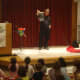 Johnson makes bubble sculptures in front of a captivated audience of young New Canaan readers.