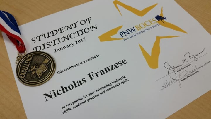 Mahopac&#x27;s Nicholas Franzese was given this certificate and medal after being named a Student of Distinction by Putnam/Northern Westchester BOCES.