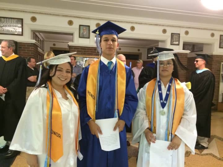 From left, at Port Chester High School&#x27;s recent commencement ceremony: Perla Funes, senior class president; Alfred DiLeo, salutatorian; and Rosa Guerra, valedictorian.
