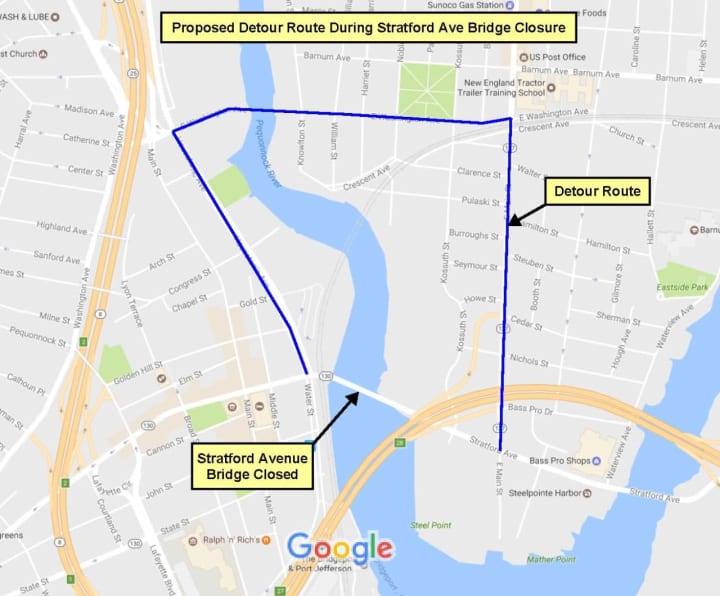 The map shows a detour for Stratford Avenue in Bridgeport to be used when the bridge closes for inspection Wednesday, March 1.