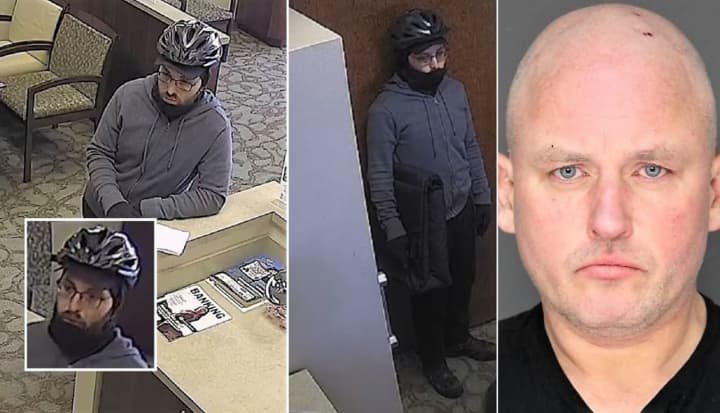 Surveillance images of the bank robber at the Oritani Branch on Kinderkamack Road in Park Ridge. Parks is at right.
