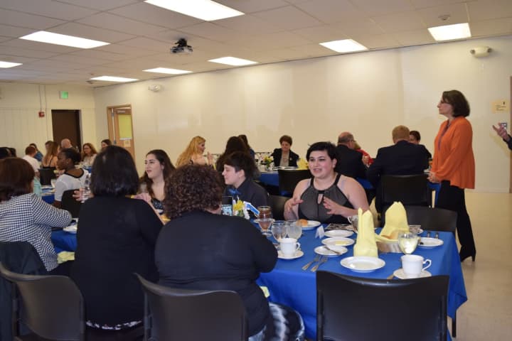Mahopac High School’s Ashley Sherman, far right, enjoys the Senior Culinary Luncheon at the Tech Center at Putnam | Northern Westchester BOCES Thursday. Sherman was one of two students chosen to speak at the event.