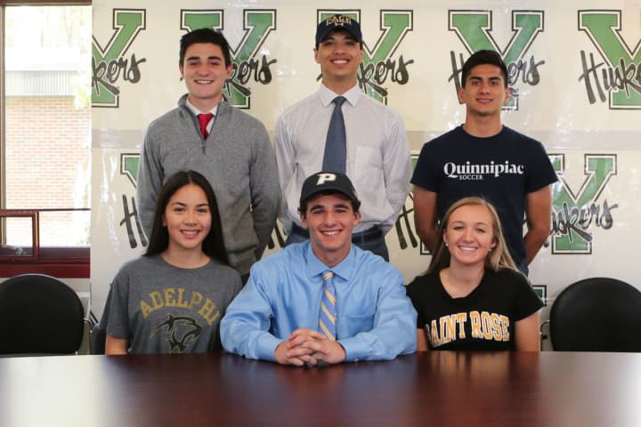 Six Yorktown High School seniors have signed letters of intent to play college sports. From left, front row, are: Jayla Masci, Richie Giannasca, Macey Drezek; from left, top row, are: Nick DiGuglielmo, Christian Torres and Mauricio Arango.