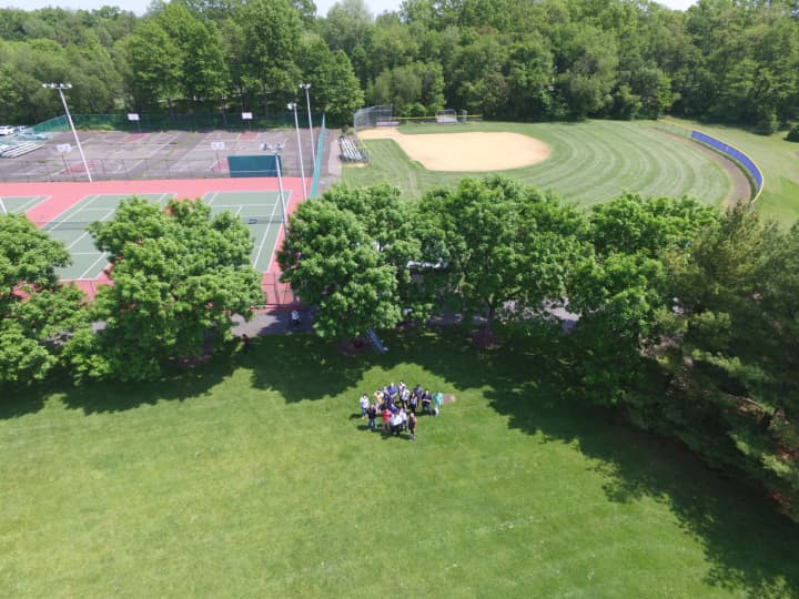 A selfie of the STEM Club at Bergen Community College, taken by a drone.