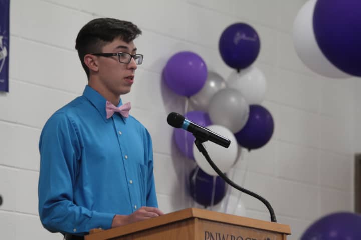 Brewster’s Jose Cazarz speaks to fellow students about the many opportunities at BOCES&#x27; Tech Center May 26 at Putnam-Northern Westchester BOCES’ Yorktown campus.