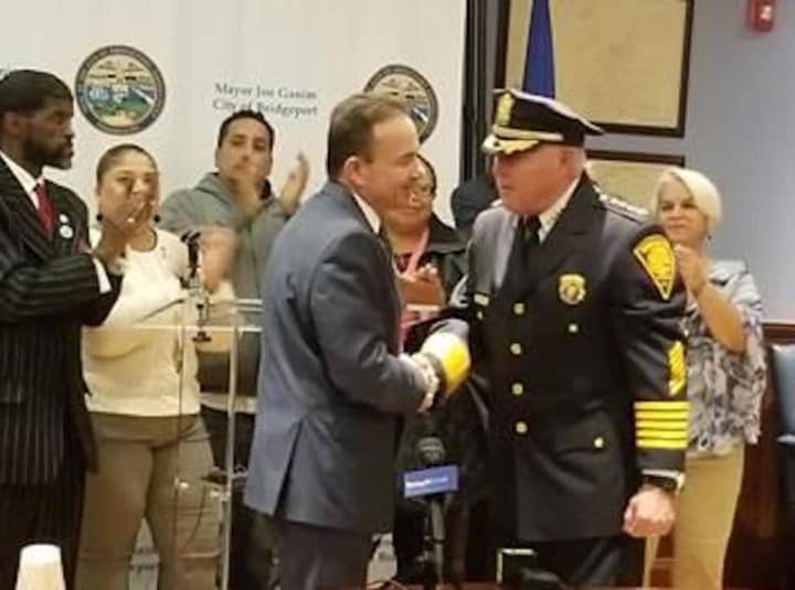 Mayor Joe Ganim congratulates new police Chief AJ Perez.