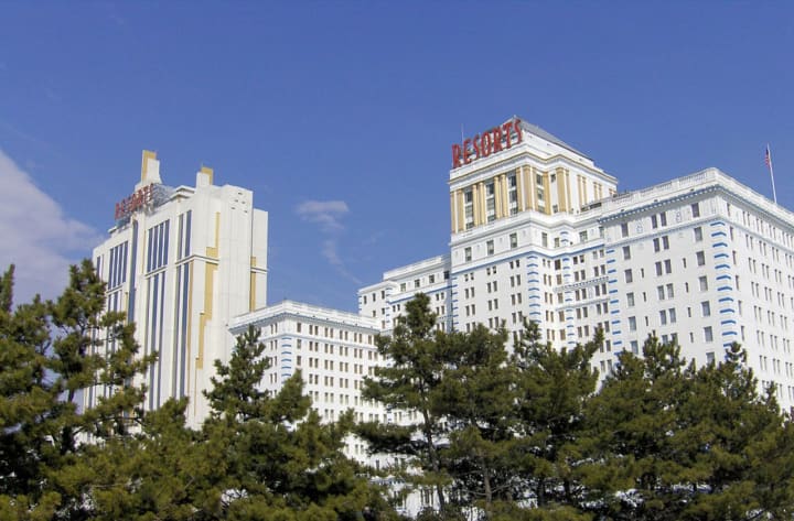 The towers of Resorts Casino Hotel from the boardwalk of Atlantic City, NJ.